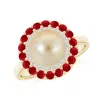 Angara 8mm Golden South Sea Pearl & Ruby Double Halo Ring In Yellow Gold/golden