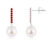 Angara 8mm Japanese Akoya Pearl And Ruby Bar Drop Earrings In White Gold/ivory