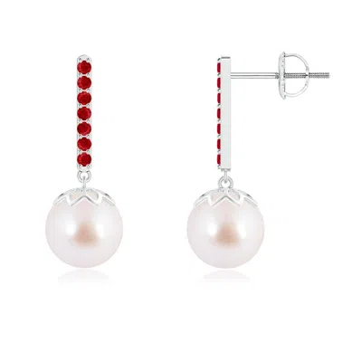 Angara 8mm Japanese Akoya Pearl And Ruby Bar Drop Earrings In White