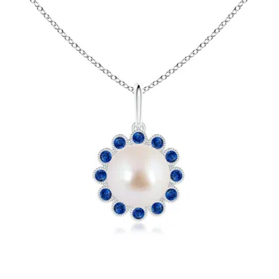 Angara 8mm Japanese Akoya Pearl And Sapphire Halo Pendant With Milgrain In Metallic