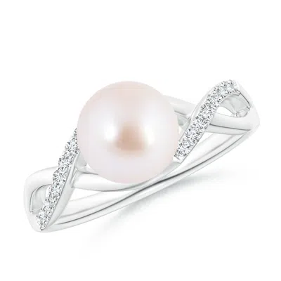 Angara 8mm Japanese Akoya Pearl Criss Cross Shank Engagement Ring In White