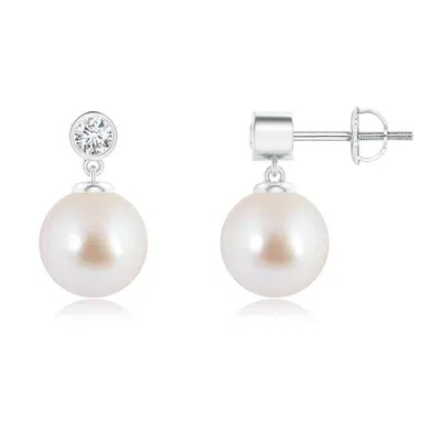 Angara 8mm Japanese Akoya Pearl Drop Earrings With Bezel Diamond In White