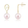 Angara 8mm Japanese Akoya Pearl Drop Earrings With Metal Loop In Yellow Gold/pinkish