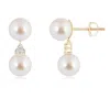 Angara 8mm Japanese Akoya Pearl Drop Earrings With Trio Diamonds In Yellow Gold/ivory