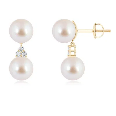 Angara 8mm Japanese Akoya Pearl Drop Earrings With Trio Diamonds In Gold