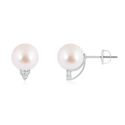 Angara 8mm Japanese Akoya Pearl Earrings With Diamond Trio In White