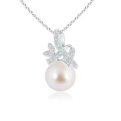 Angara 8mm Japanese Akoya Pearl Pendant With Diamond Ribbon In Metallic