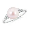 Angara 8mm Japanese Akoya Pearl Ring With Trio Diamonds In White Gold/pinkish