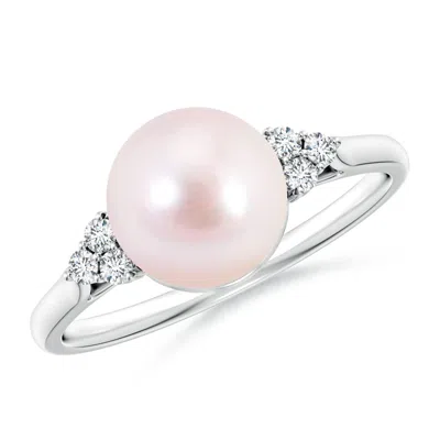 Angara 8mm Japanese Akoya Pearl Ring With Trio Diamonds In Pink