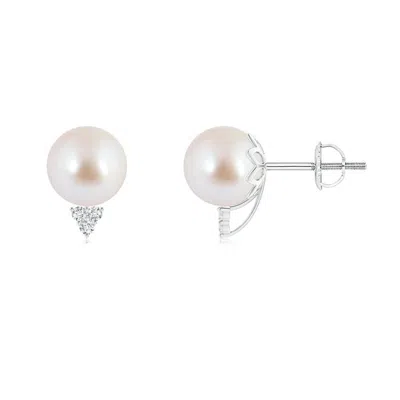 Angara 8mm Japanese Akoya Pearl Stud Earrings With Diamond Trio In Metallic