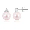 Angara 8mm Japanese Akoya Pearl Stud Earrings With Trio Diamonds In White Gold/pinkish