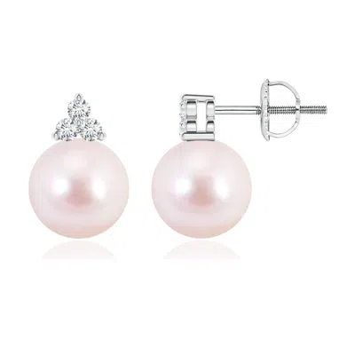 Angara 8mm Japanese Akoya Pearl Stud Earrings With Trio Diamonds In Pink