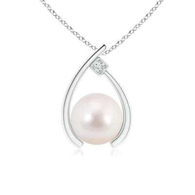 Angara 8mm Japanese Akoya Pearl Wishbone Pendant With Diamond In Metallic