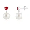 Angara 8mm South Sea Pearl & Trillion Ruby Drop Earrings In White Gold/white