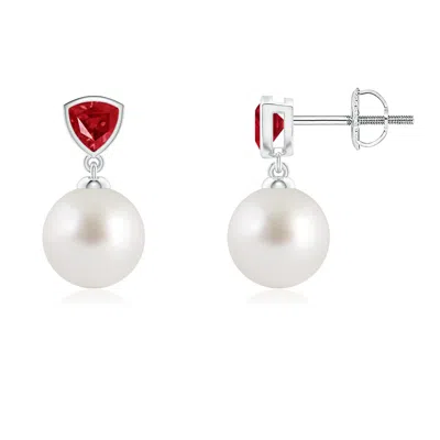Angara 8mm South Sea Pearl & Trillion Ruby Drop Earrings In Metallic