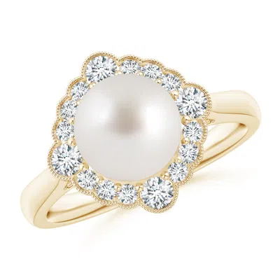 Angara 8mm South Sea Pearl Cushion Halo Engagement Ring In White