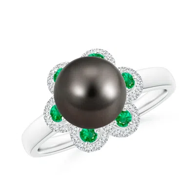 Angara 8mm Tahitian Pearl Floral Ring With Emeralds In Black