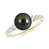Angara 8mm Tahitian Pearl Ring With Graduated Diamonds In Yellow Gold/peacock