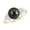 Angara 8mm Tahitian Pearl Trio Diamond Ring In Yellow Gold/peacock
