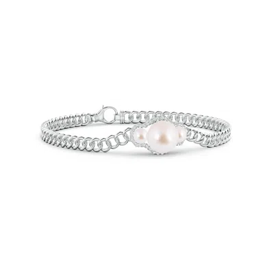 Angara 8mm Three Stone Japanese Akoya Pearl Bracelet With Diamond Halo In Metallic