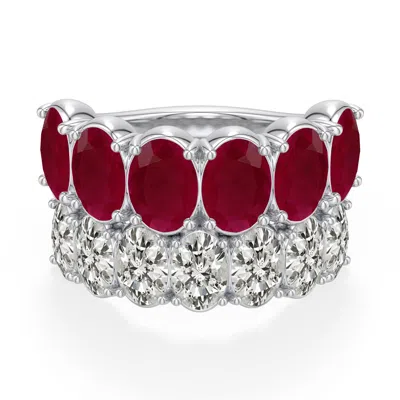 Angara 9.01 Ctw Double-row Oval Ruby And Diamond Cocktail Ring In Platinum/dark Red