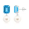 Angara 9mm Freshwater Pearl & Swiss Blue Topaz Earrings In White Gold/white