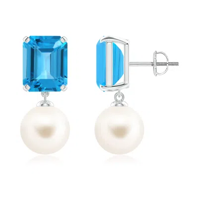 Angara 9mm Freshwater Pearl & Swiss Blue Topaz Earrings