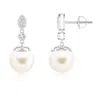 Angara 9mm Freshwater Pearl Earrings With Diamond Leaf Motif In White Gold/white