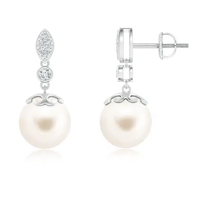 Angara 9mm Freshwater Pearl Earrings With Diamond Leaf Motif In Metallic