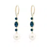 Angara 9mm Freshwater Pearl Earrings With London Blue Topazes In Yellow Gold/white