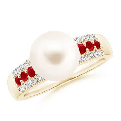Angara 9mm Freshwater Pearl Ring With Rubies In Gold