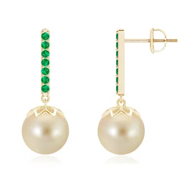 Angara 9mm Golden South Sea Cultured Pearl And Emerald Bar Drop Earrings