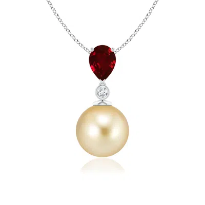 Angara 9mm Golden South Sea Pearl & Pear Ruby Drop Pendant In Red