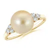 Angara 9mm Golden South Sea Pearl Ring With Trio Diamonds In Yellow Gold/golden