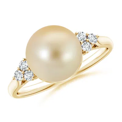 Angara 9mm Golden South Sea Pearl Ring With Trio Diamonds