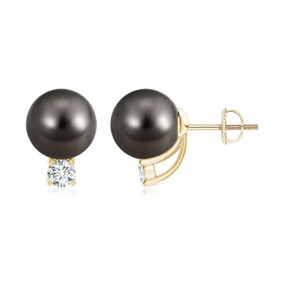 Angara 9mm Solitaire Tahitian Pearl Studs With Diamond In Black