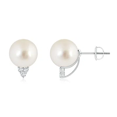 Angara 9mm South Sea Pearl Earrings With Diamond Trio In White