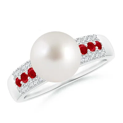 Angara 9mm South Sea Pearl Ring With Rubies In White