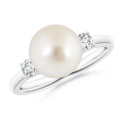 Angara 9mm South Sea Pearl Three Stone Ring With Diamonds In White