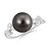 Angara 9mm Tahitian Cultured Pearl And Diamond Ring With Leaf Motifs