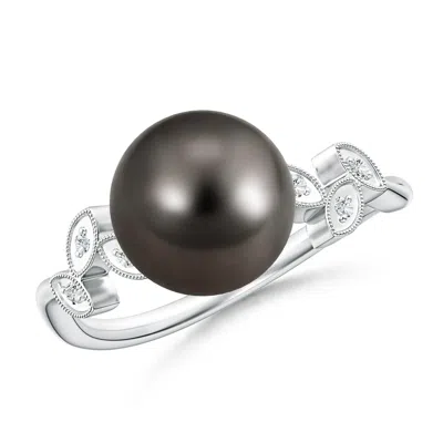 Angara 9mm Tahitian Cultured Pearl And Diamond Ring With Leaf Motifs