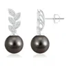 Angara 9mm Tahitian Pearl & Diamond Leaf Earrings In White Gold/black