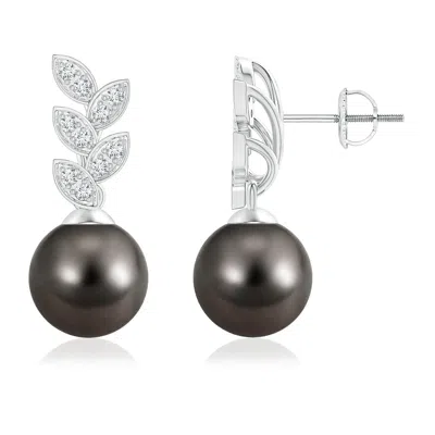 Angara 9mm Tahitian Pearl & Diamond Leaf Earrings In Metallic