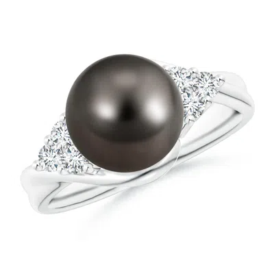 Angara 9mm Tahitian Pearl Bypass Ring With Diamond Trio In Neutral