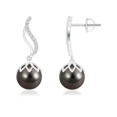 Angara 9mm Tahitian Pearl Flame Earrings With Diamonds In Metallic