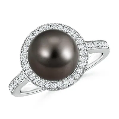 Angara 9mm Tahitian Pearl Halo Ring With Milgrain In Metallic