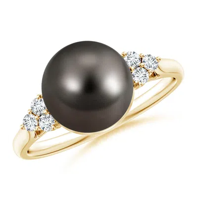 Angara 9mm Tahitian Pearl Ring With Trio Diamonds In Gold