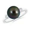 Angara 9mm Tahitian Pearl Three Stone Ring With Diamonds In White Gold/peacock