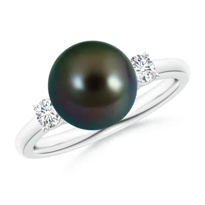 Angara 9mm Tahitian Pearl Three Stone Ring With Diamonds In Black