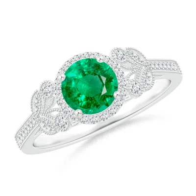 Angara Aeon Vintage Style Emerald Halo Leaf & Vine Engagement Ring With Milgrain In White